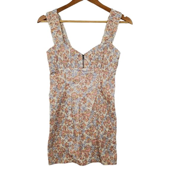 Free People Intimately Beige Purple Pink Floral Smocked Straps Mini Dress Sz XS - Picture 1 of 6
